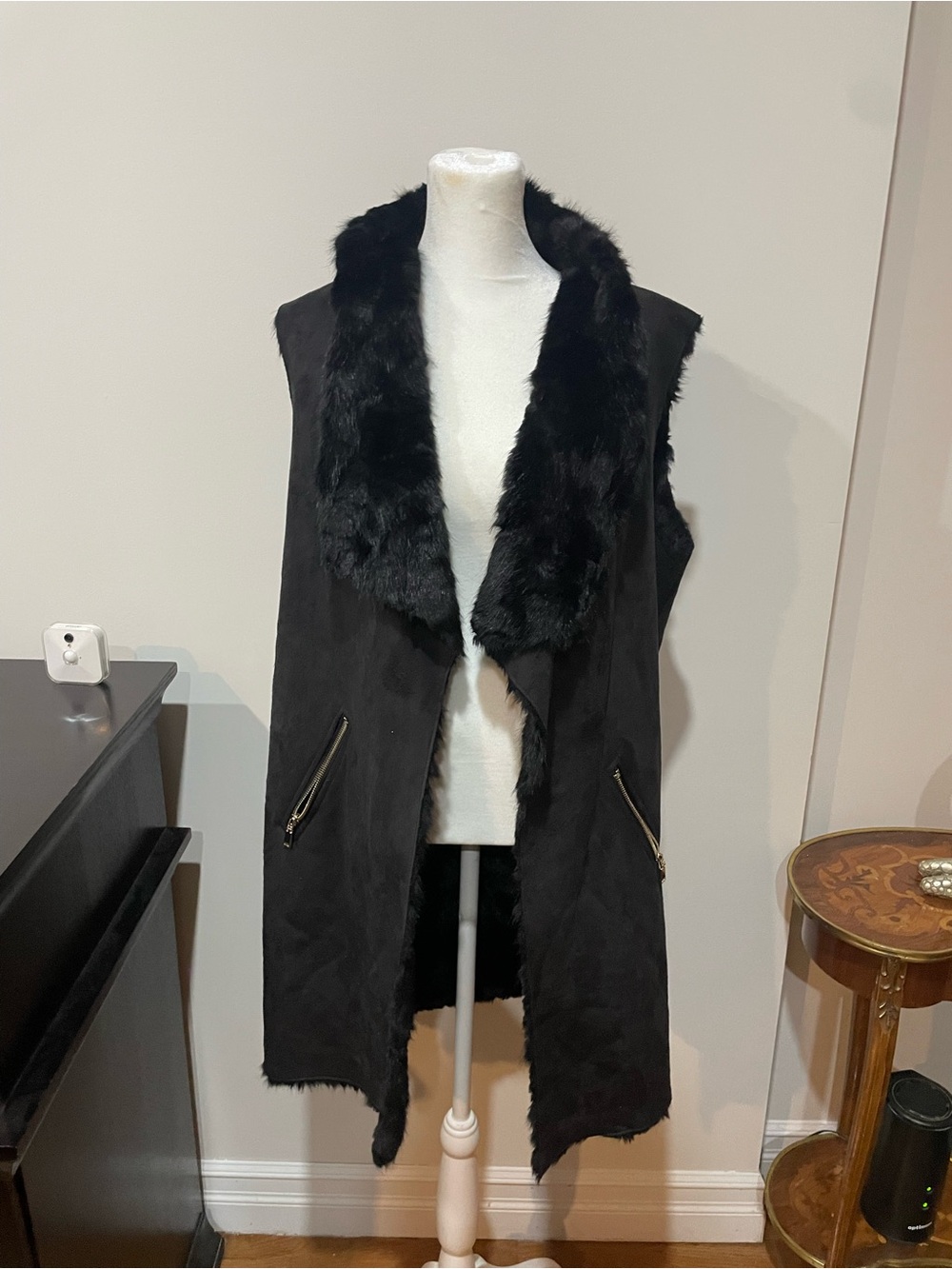 Dolce Cabo Black Faux Fur-Trim Long Vest